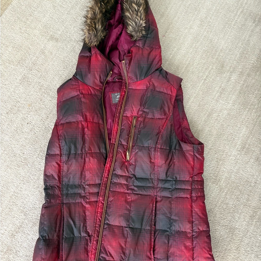 Eddie Bauer Red and Black Quilted Vest with Faux Fur Hood